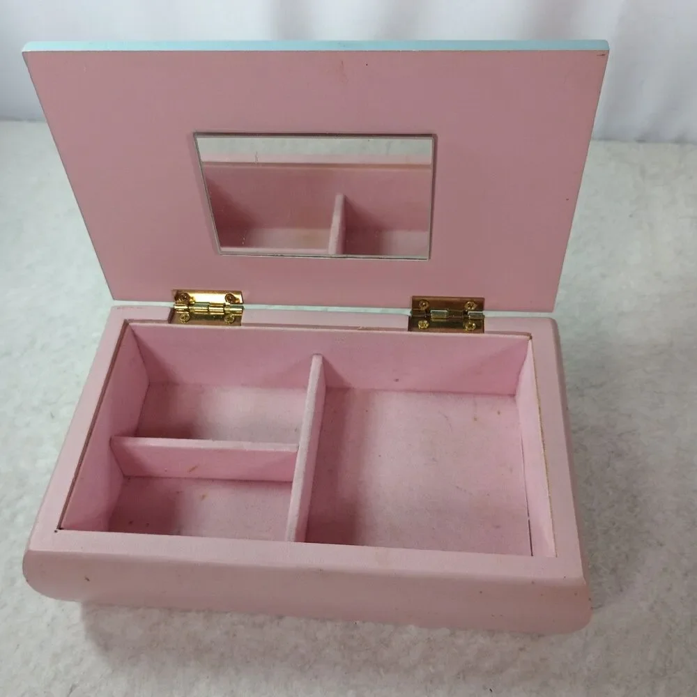 Vintage Pink Wooden Jewelry Box Teddy Bear Flowers Mirror Girls Keepsake Box